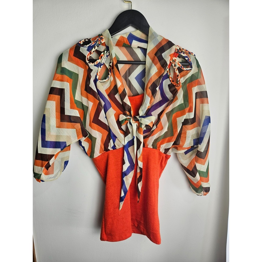 Boho Chevron Tie Front‎ Top Balloon Sleeves Multicolor Statement Blouse